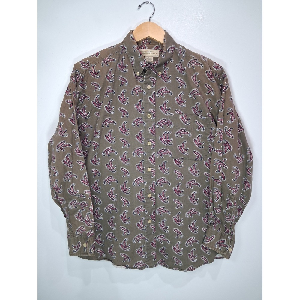 Natural Issue Mens Paisley Button Down Shirt Olive Green Red Cotton Med Long Slv